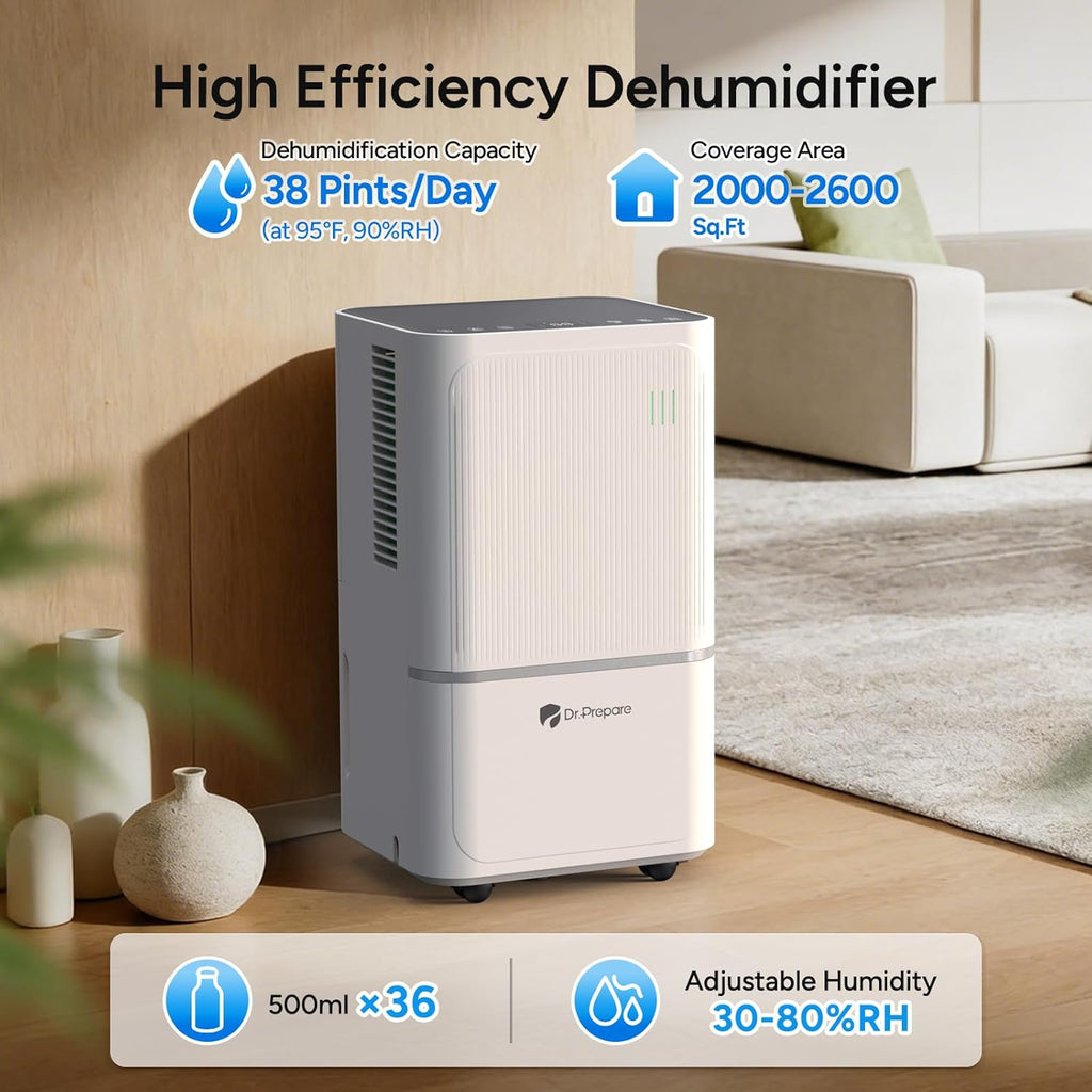 2000-2600 Sq.Ft Dehumidifier for Home with Drain Hose, 38 Pints/Day Dehumidifier for Basement, Bedroom, Bathroom