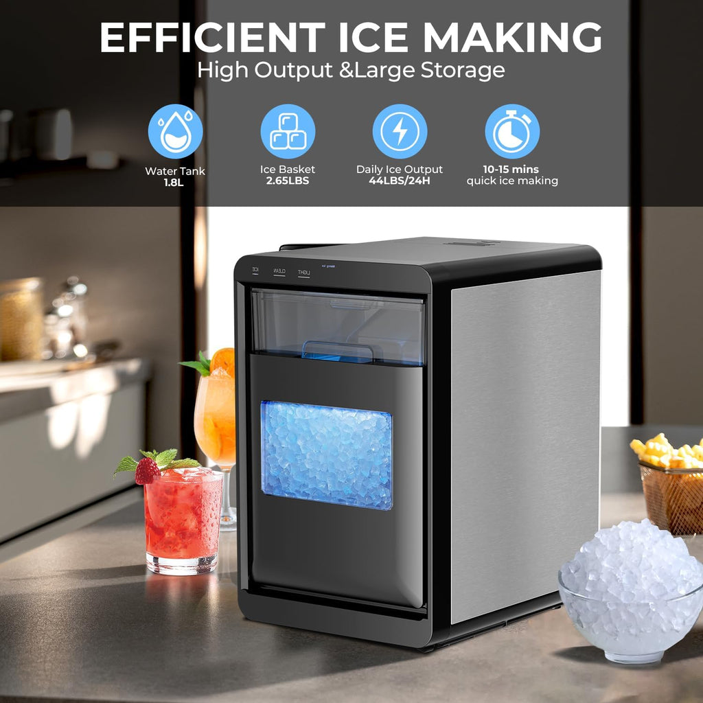 Nugget Ice Maker Countertop - 44LB/Day, Self-Cleaning Portable Ice Machine with LED Display, 10-15 Minute Fast Ice