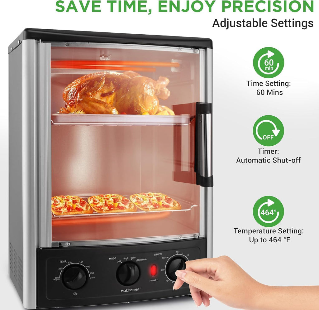Vertical Countertop Oven with Rotisserie, Bake, Broil, & Kebab Rack Functions - Adjustable Settings - 2 Shelves