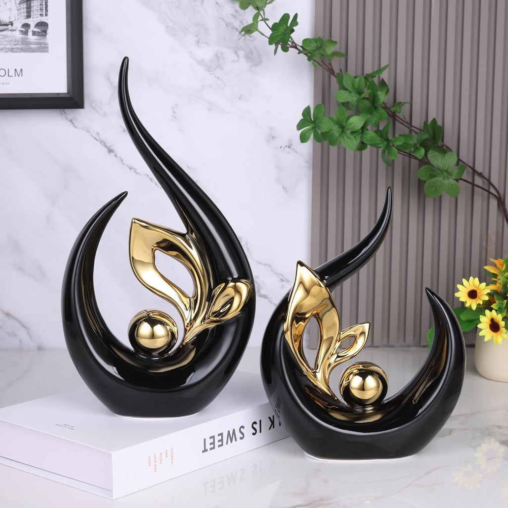 13" H Black Gold Abstract Sculptures Home Decor, Ceramic Art Statue Cool Stuff to Put on Shelves&tv Stand Decor, Gold
