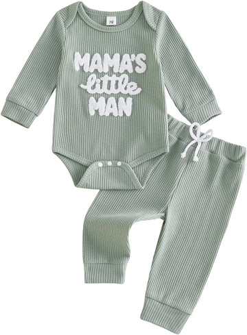 Waffle Knit Baby Boy Clothes Letters Embroidered Romper Pants Set