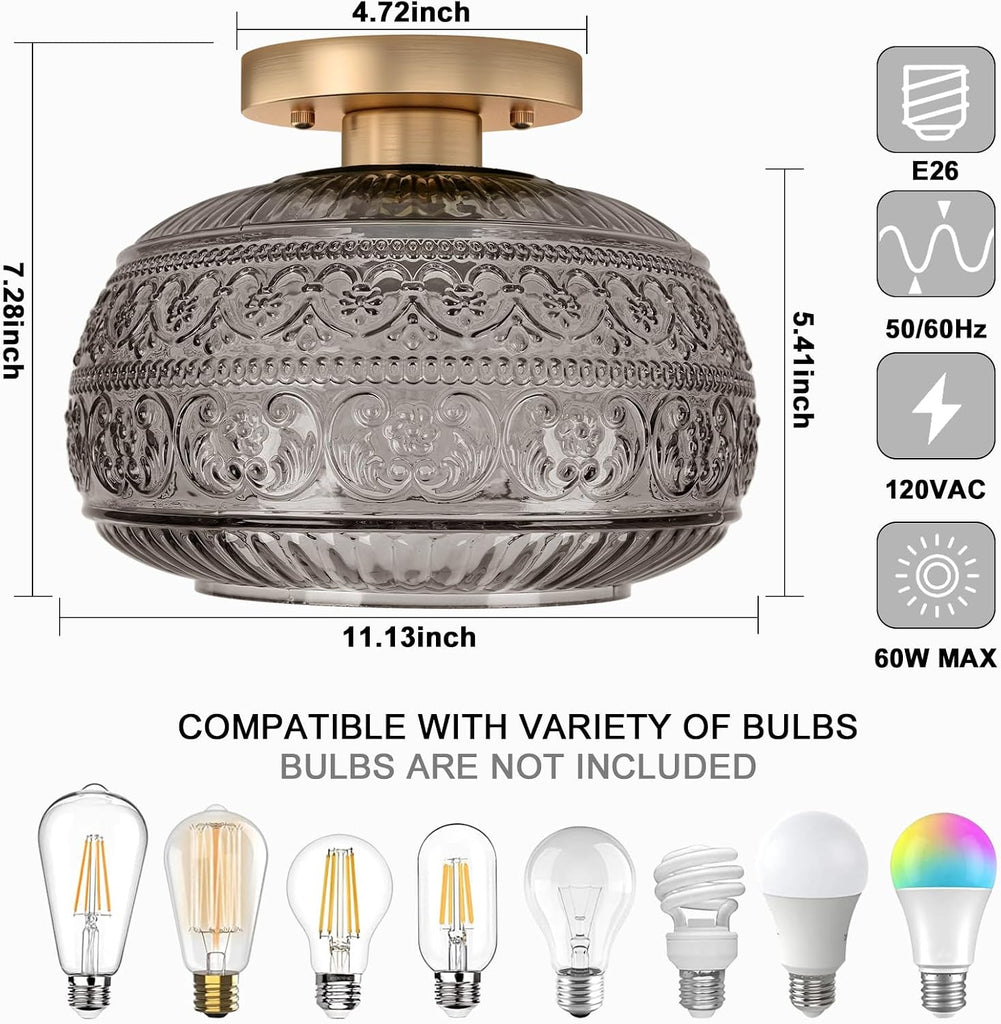 Semi Flush Mount Ceiling Light Fixture, 11" Vintage Gold Hallway Lights Fixture Ceiling with Grey Glass and Entry