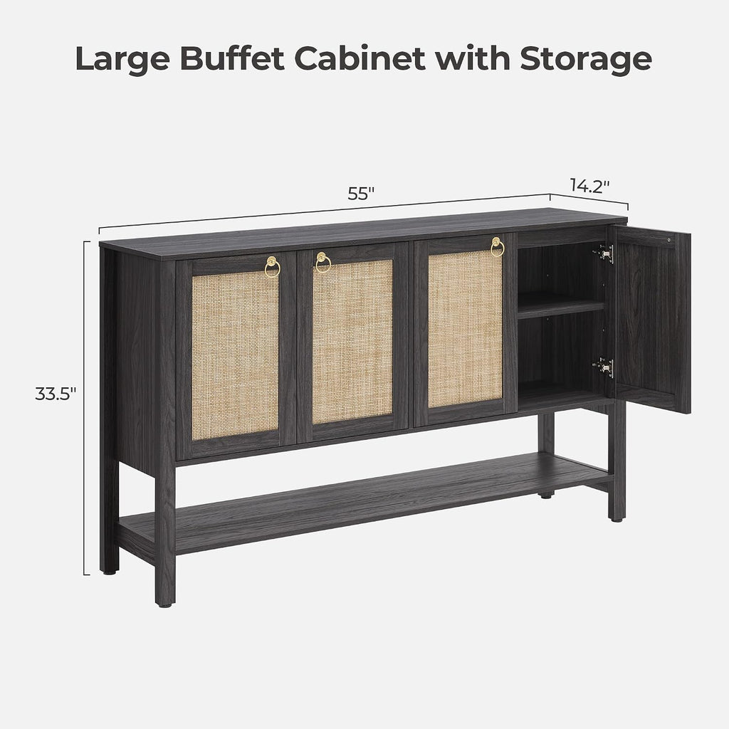 Sideboard Buffet Cabinet with Rattan Doors, 55" Boho Coffee Bar Cabinet with Open Shelf