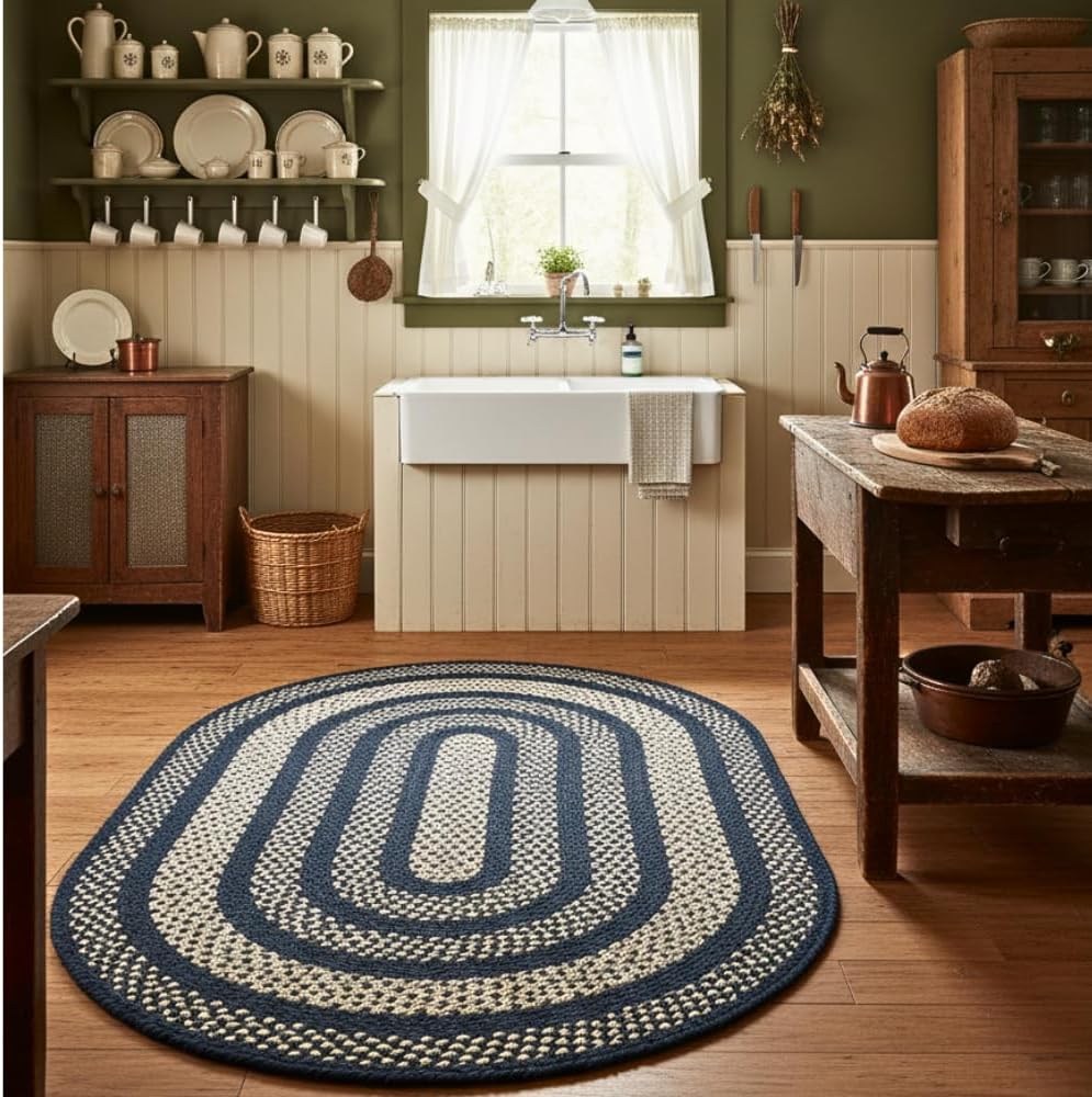 Charleston Oval Braided Rugs 27x45 - Ideal as Black and Tan Kitchen Rugs for Primitive Decor