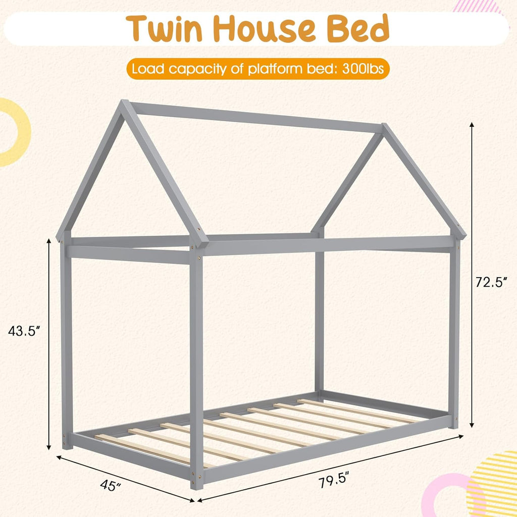 Tw Bed, Wood Montessori Bed Frame with House Roof Canopy, Low Floor Bed with Sturdy Wood Slat Support, No Box Spring