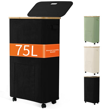 Basket with Wheels, Dirty Clothes Hamper on Wheels, Rolling Tall Laundry Hamper with lid for Laundry Room, Dorm and