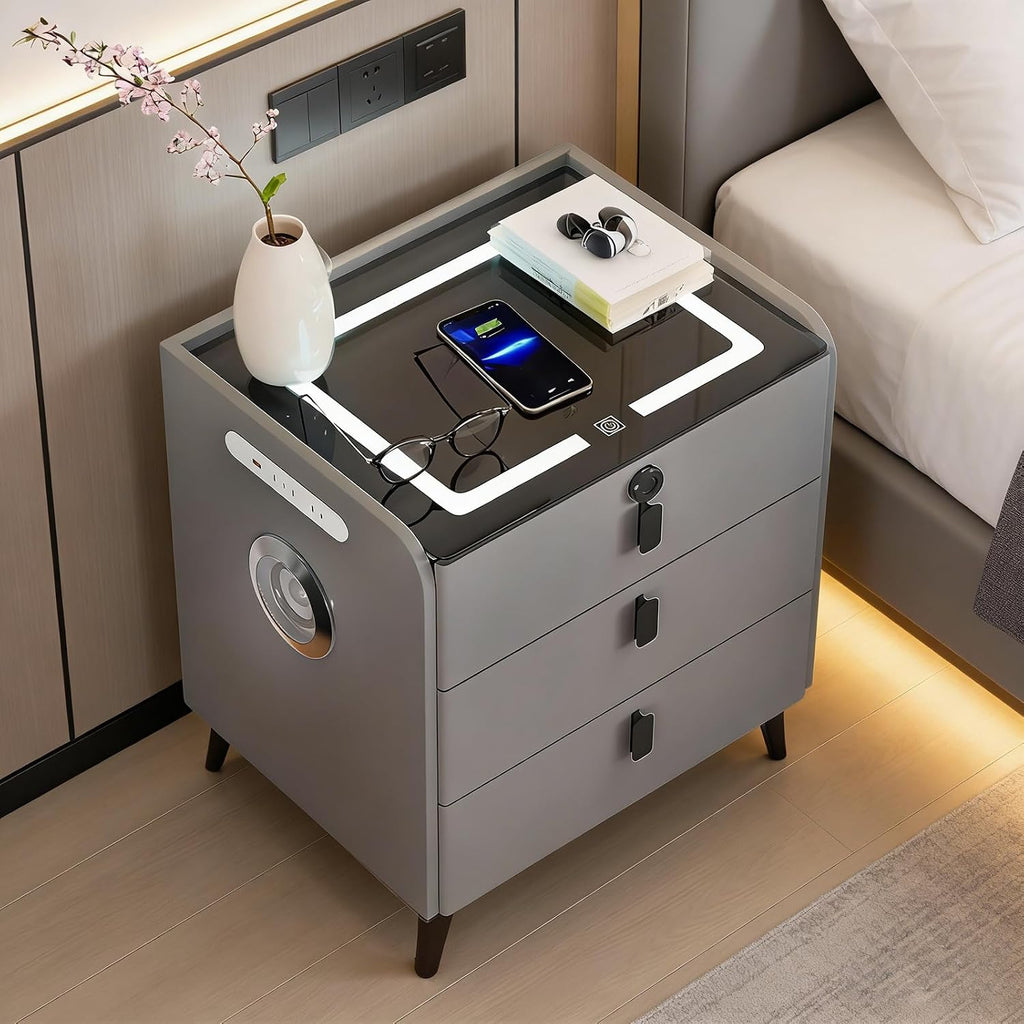 Smart Nightstand with Wireless Charging, Nightstand with Fingerprint Lock Drawer, Night Stand with Charging Station,2