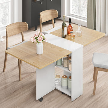 FoldingTable, Drop Leaf Dining Table with 6 Wheels and 2-Layer Storage Shelf, Space Saving Table for Small Spaces