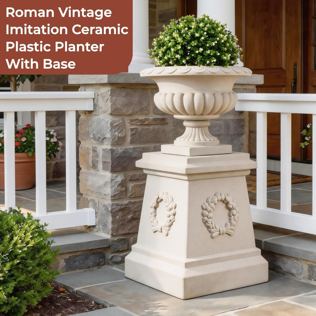 20" H Large Plastic Roman Urn Planter with 28" Tall Decorative Pedestal | Faux Sandstone/Marble Finish
