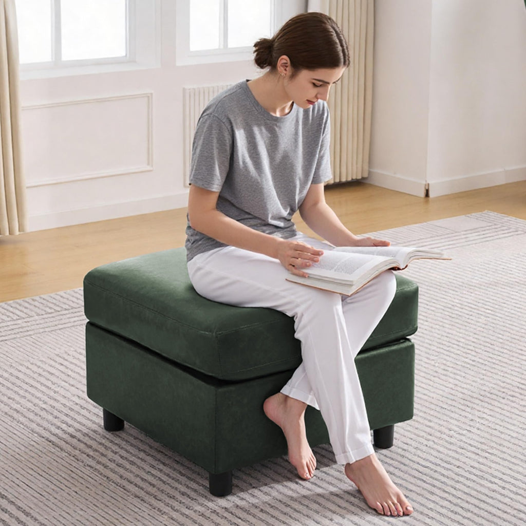 25" Faux Leather Square Storage Ottoman for Modular Sectional Sofa, Green