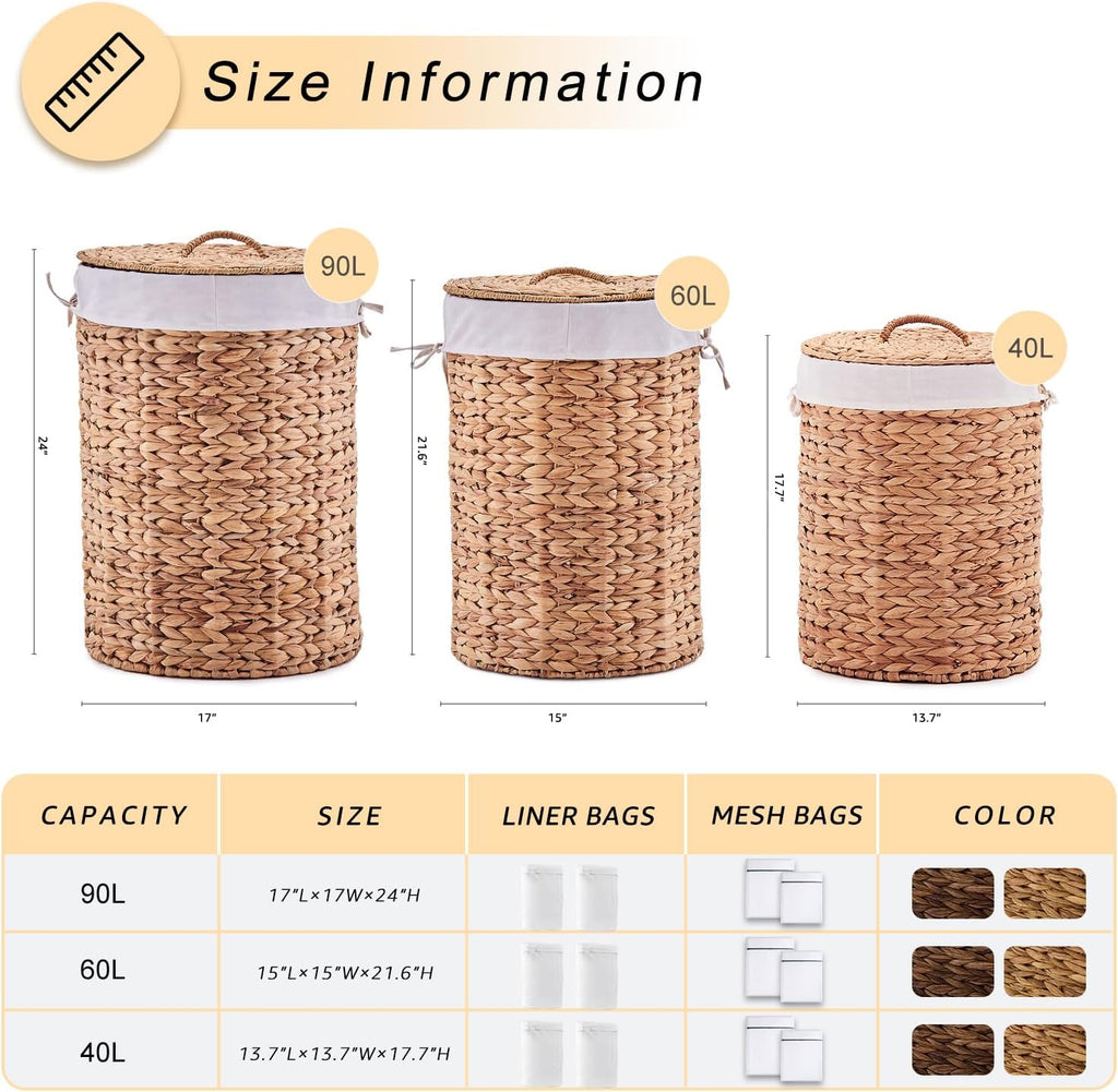 Round Water Hyacinth Laundry Hamper with Lid Handwoven Wicker Basket with Handles for Dirty Clothes, Storage, and