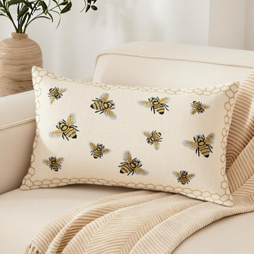 Honeycomb Throw Pillow Cover 12x 20, Gold Embroidered Bumble Lumbar Linen Pillow Cushion Case, Bee Farmhouse Home