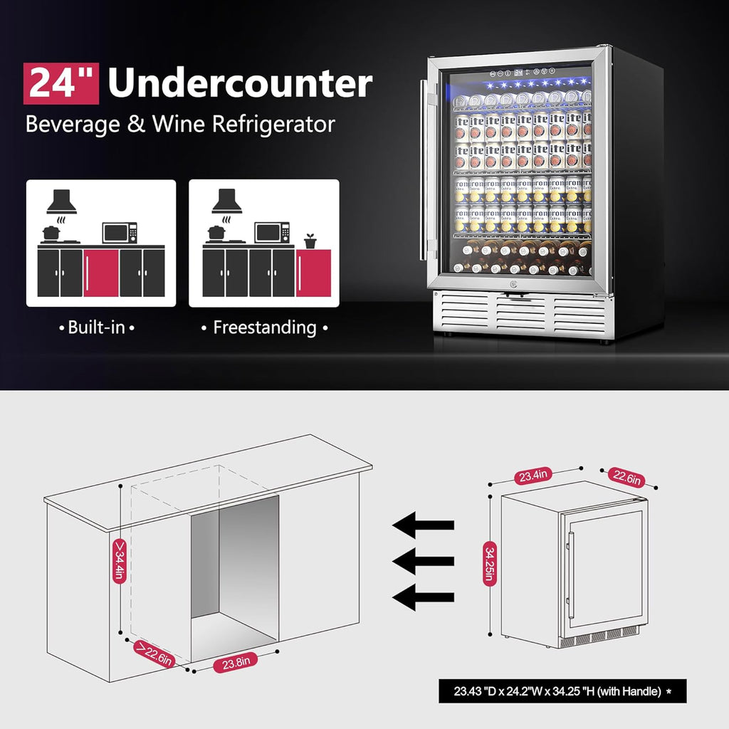 24 Inch Beverage Refrigerator, Beverage Cooler 180 Can Built-in Design