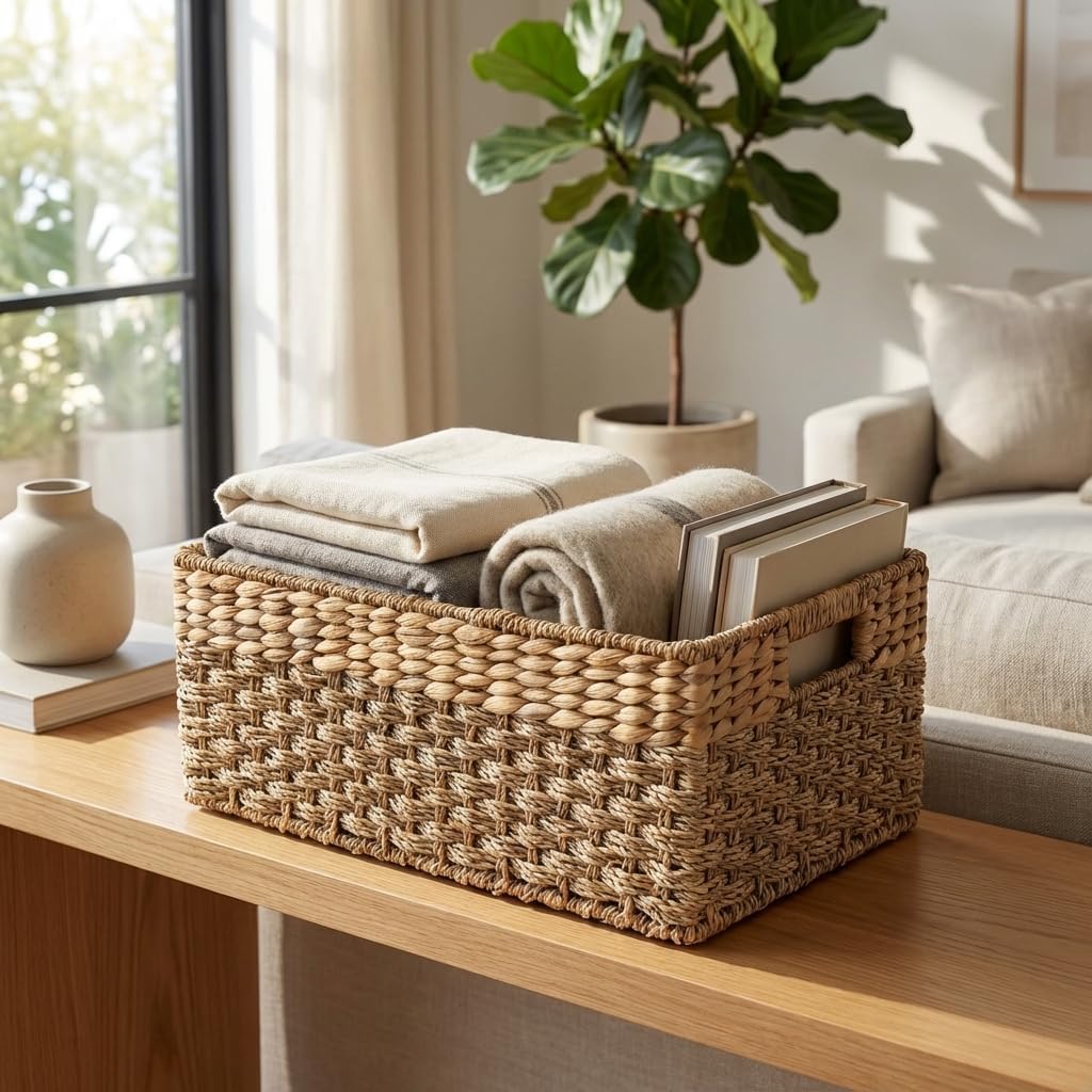 Medium Wicker Baskets for Storage 15.5 x 9.5 x 6.5 Inches | Natural, Seagrass and Hyacinth Woven Baskets for Décor