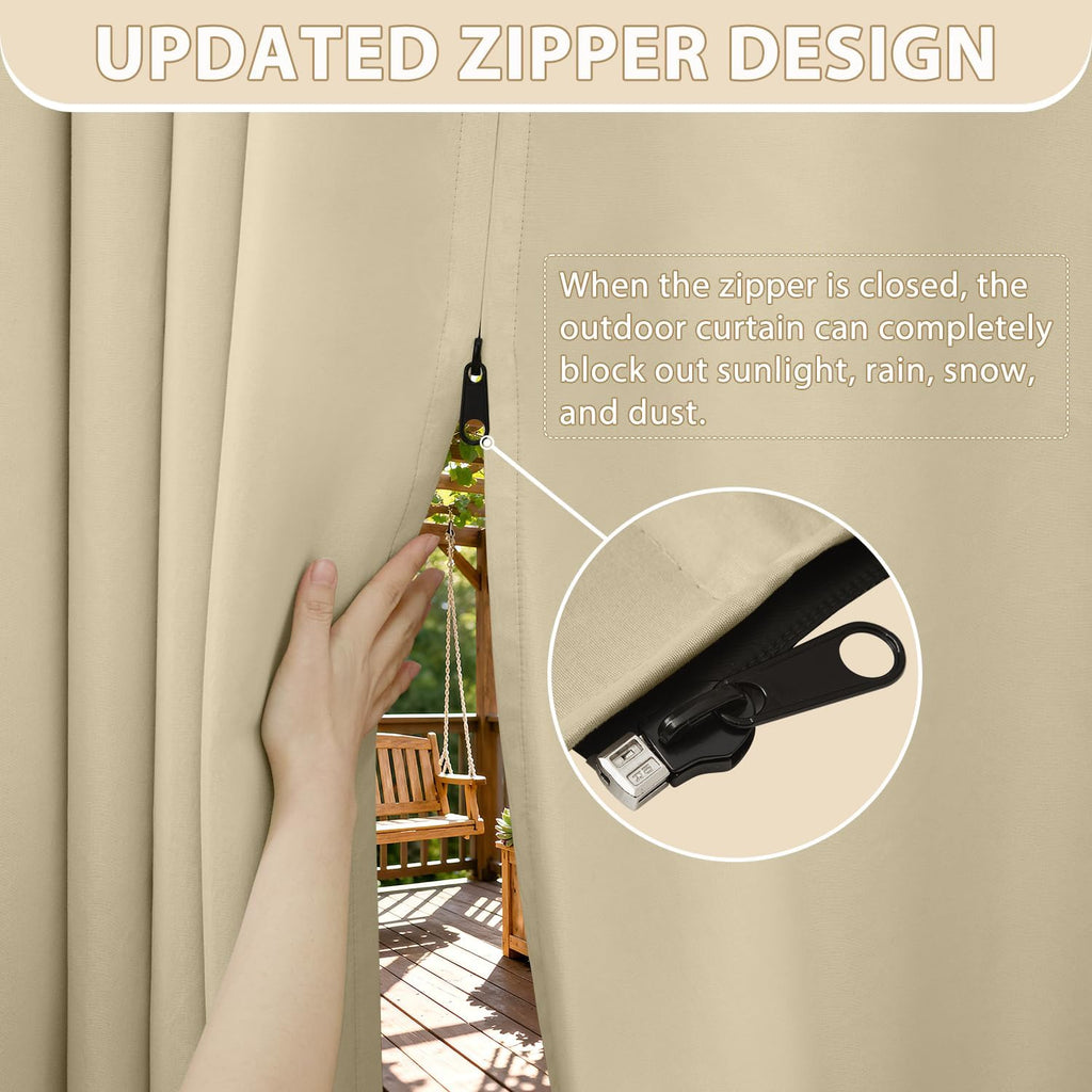 Waterproof Outdoor Curtains with Zipper Top & Bottom Grommet Thermal Privacy Drapes 2 Panels Gazebo Outside Blackout