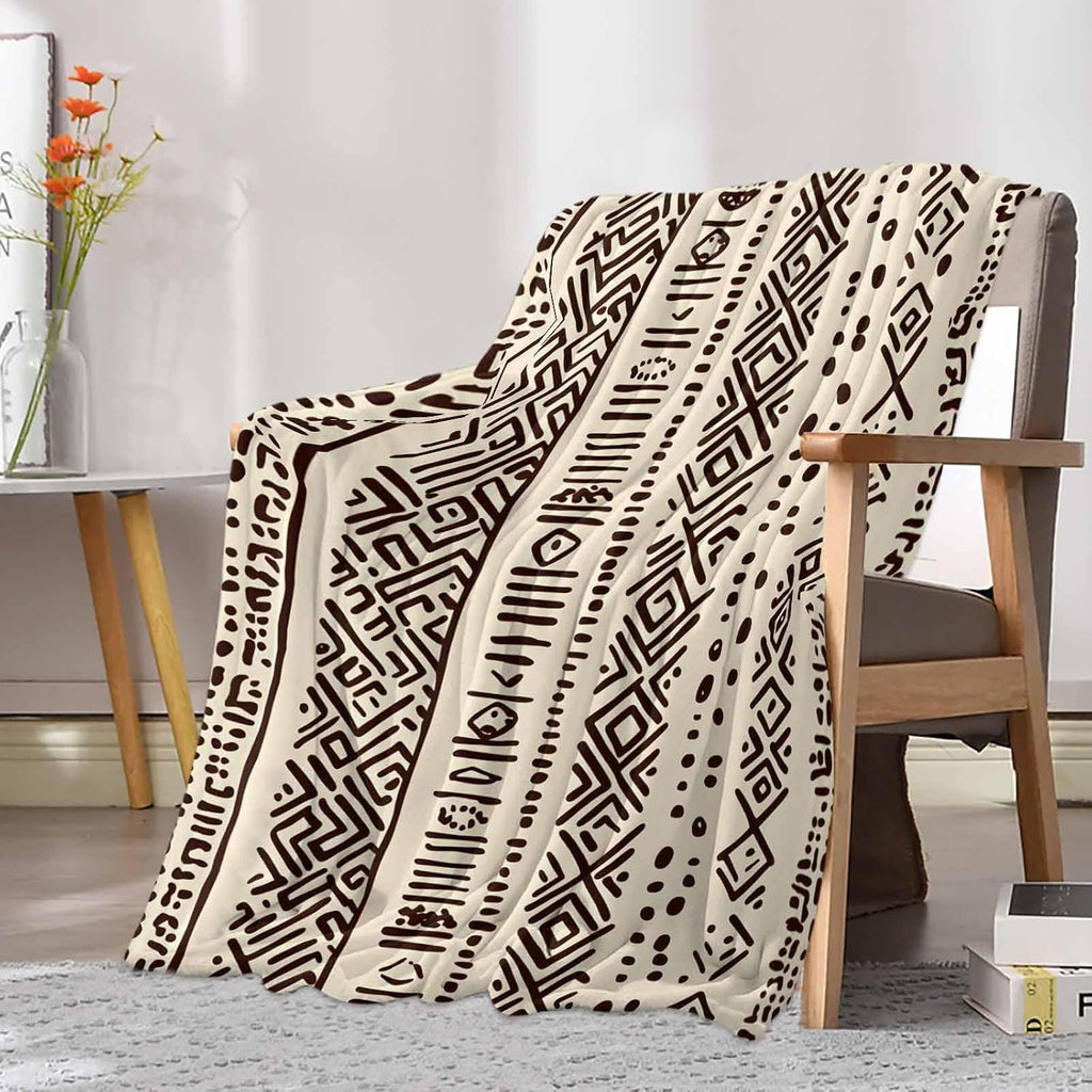Boho Beige Throw Blanket Fleece Blanket, Vintage Tribe African Texture Soft Microfiber Fuzzy Cozy Lightweight Blankets