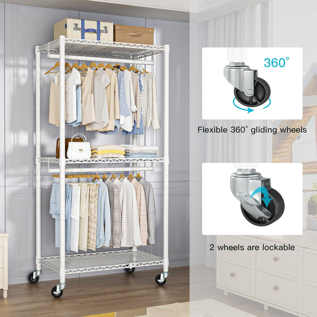 P1 Medium Heavy-Duty Portable Closet, 30" W x 14" D x 76" H, White | Metal Rolling Clothing Rack, Closet System with