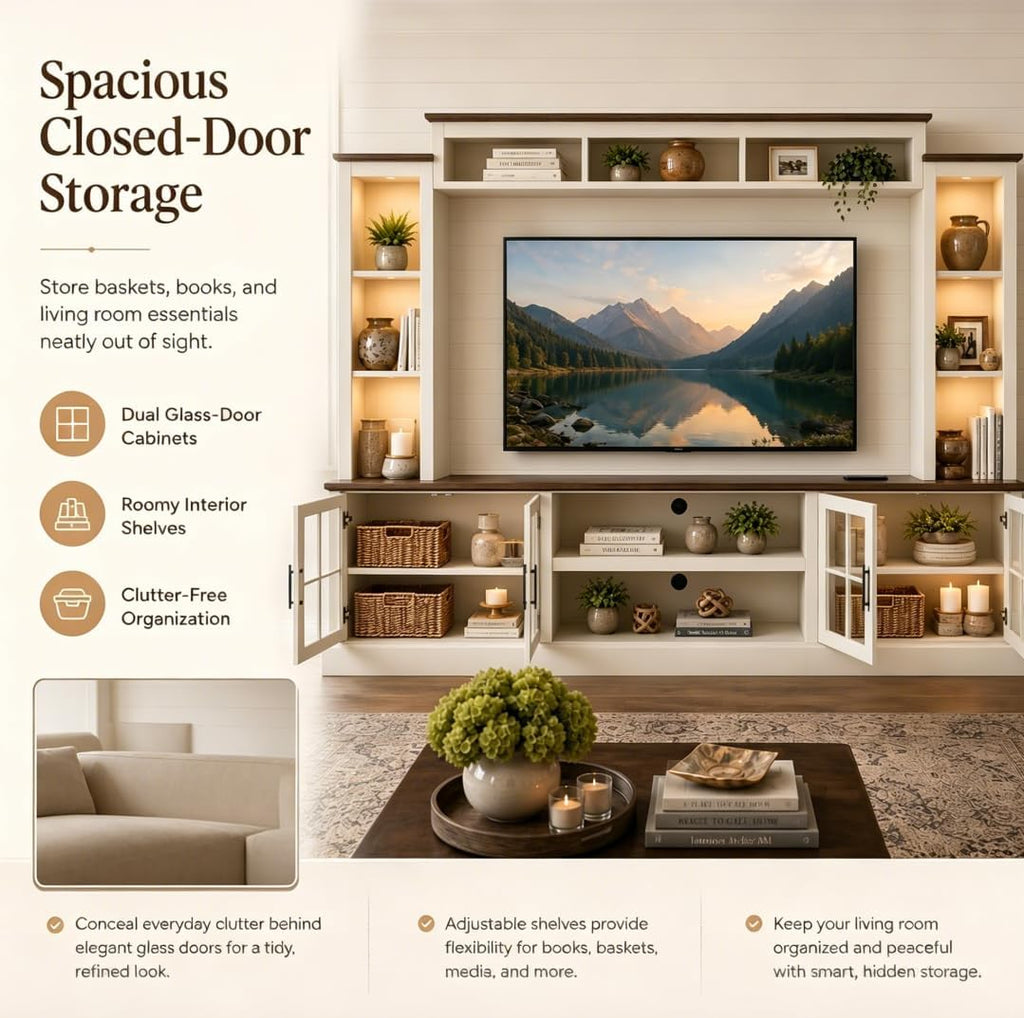 Farmhouse TV Stand 98" Entertainment Wall Unit with Barn Doors, Built-in Power Outlets, Open Bookshelves & Storage