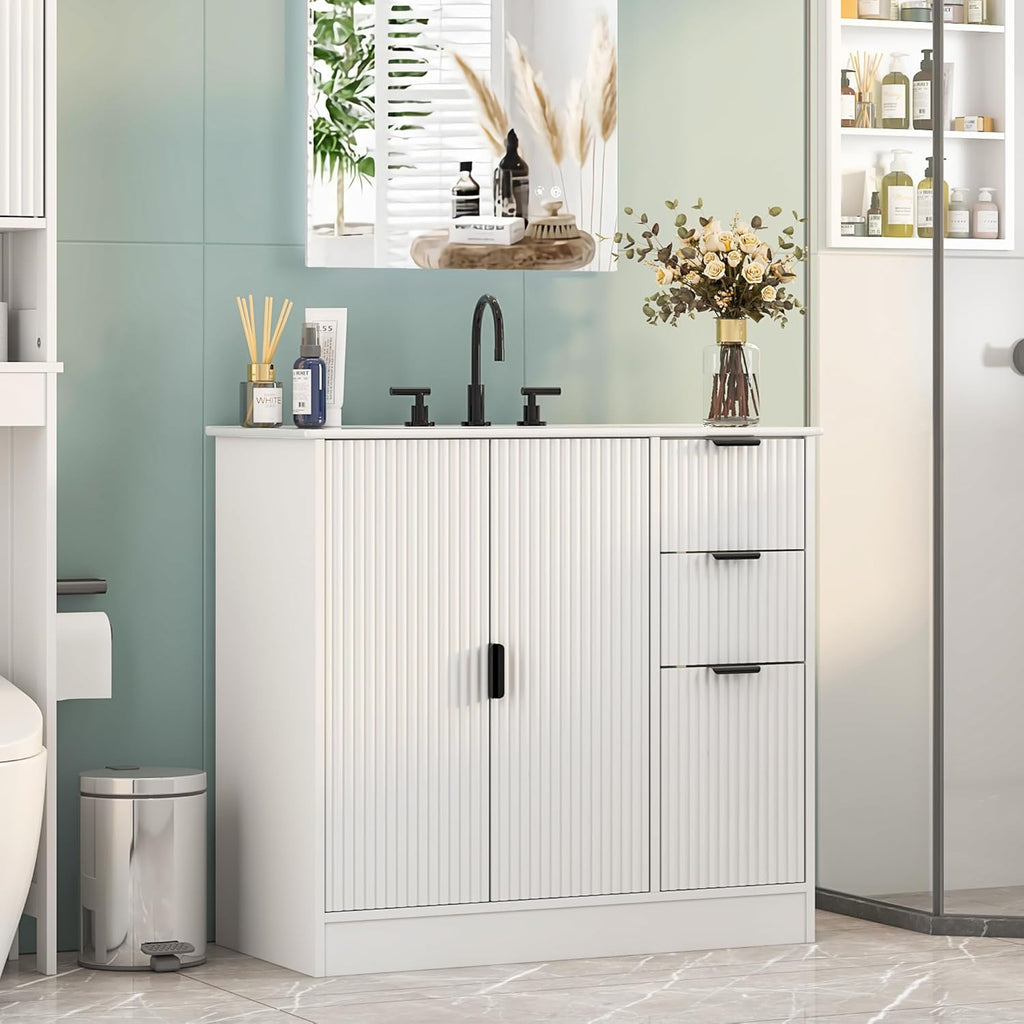 Freestanding Bathroom Vanity with Ceramic Sink, Large Storage Cabinet with Drawers