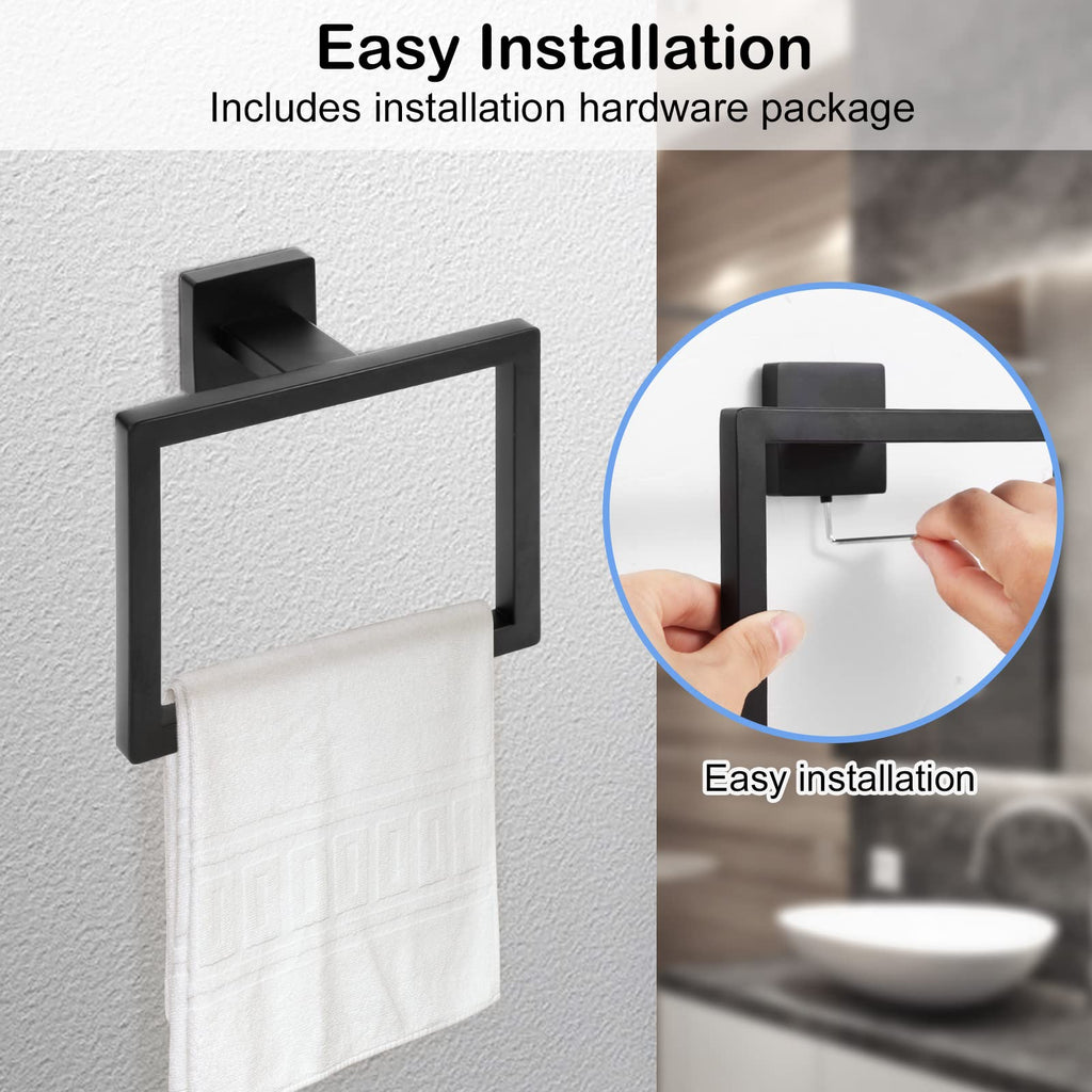 2-Piece Matte Black Square Towel Ring, Modern Hand Towel Holder, Stainless Steel Towel Hangers Wall-Mounted Bathroom