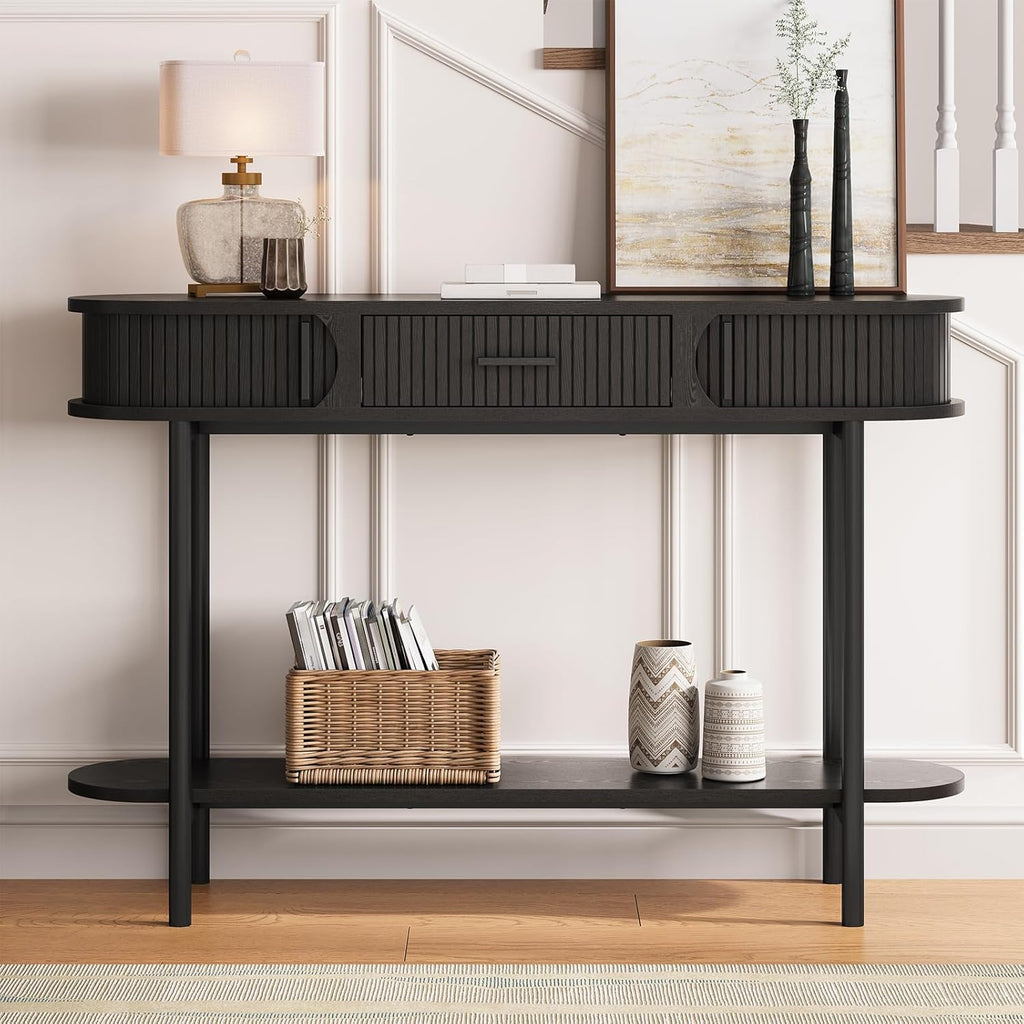47 Inch Fluted Console Table with Drawers, Entryway Table with Storage, Oval Sofa Tables Behind Couch, Mid-Century