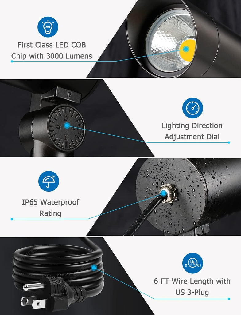 30W Outdoor LED Spotlight 120V Waterproof Landscape Spotlights 3000LM Ultra Bright Spot Lights Outdoor 3000K Warm