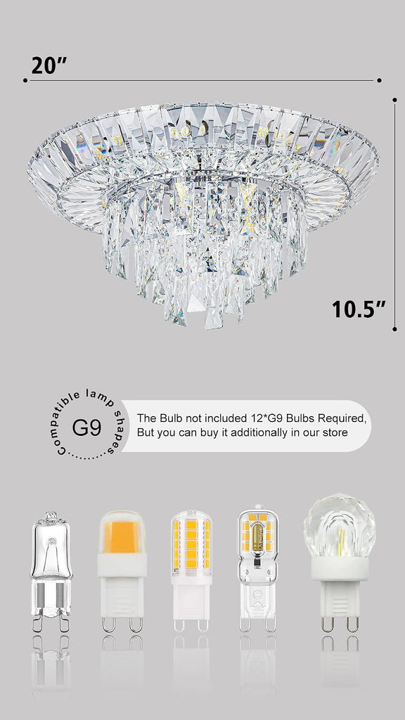 20" Modern Crystal Flush Mount Ceiling Light, 12-Light Tiered Chandelier with Chrome Frame & Rectangular Prism