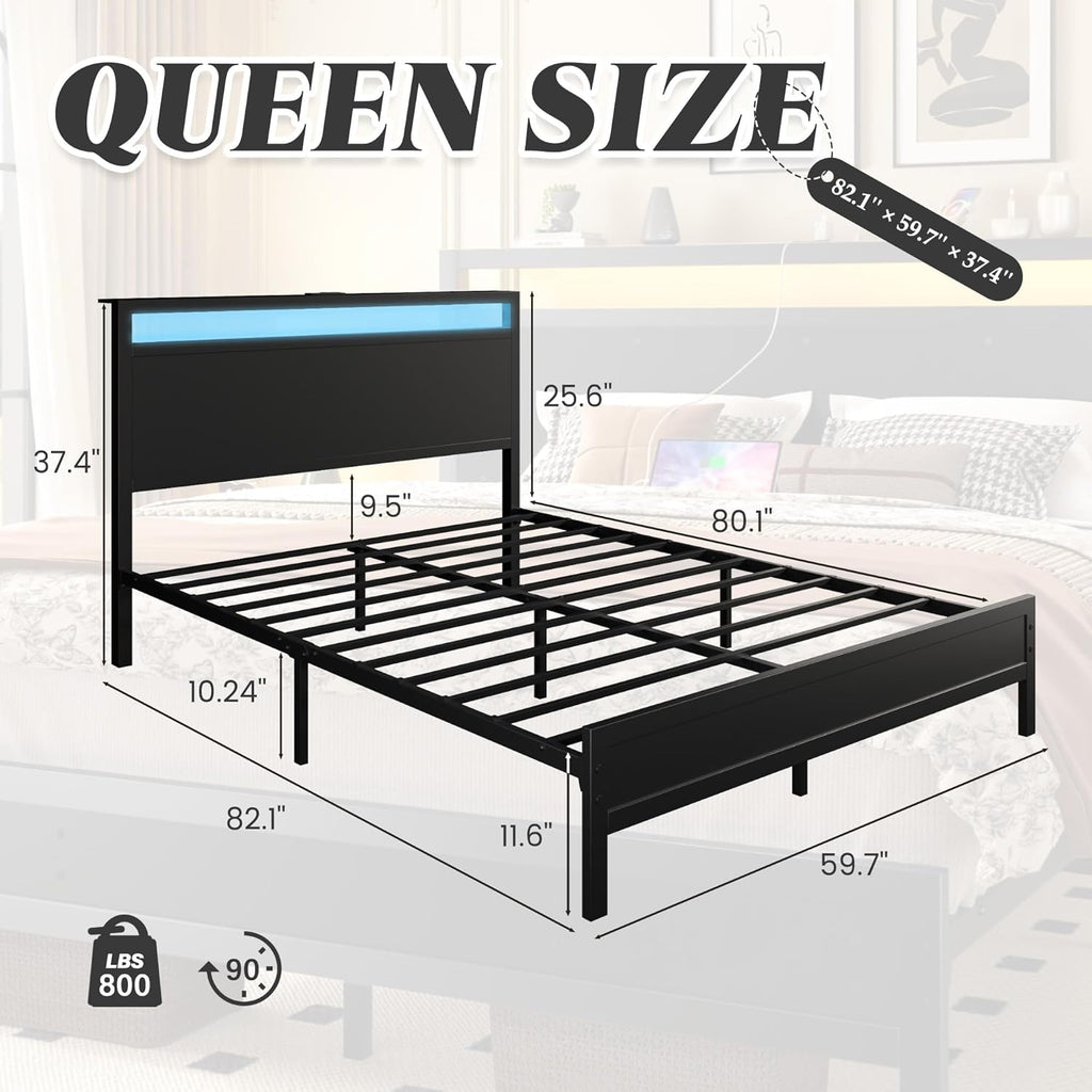 Queen Bed Frame with Headboard & Footboard, Bed Frame with Built-in Charging Station & LED Light, Storage Shelf