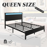 Queen Bed Frame with Headboard & Footboard, Bed Frame with Built-in Charging Station & LED Light, Storage Shelf