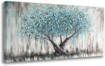 Tree Wall Art Canvas Blue Tree of Life Nature Teal Abstract Painting, Textured Picture Modern Panoramic Landscape
