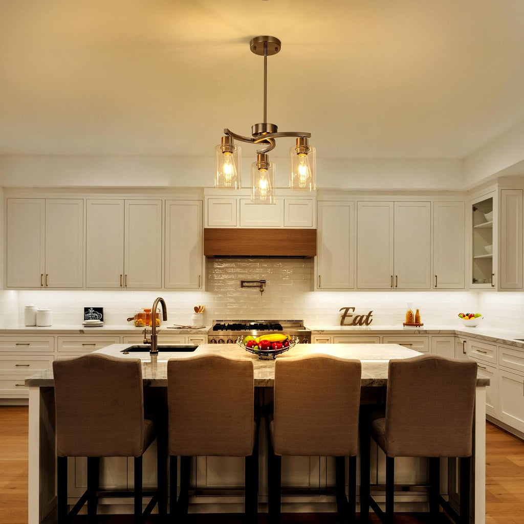 3 Light Brushed Nickel Dining Room Light Fixture,Modern Kitchen Chandeliers Over Table，Adjustable Height Industrial