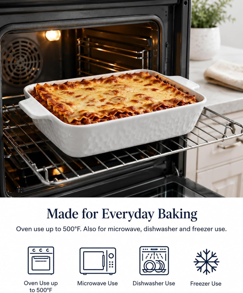 Ceramic Dish Set of 3, Casserole Dishes for Oven | Rectangular ceramic dishes with handles for lasagna, pasta, sides