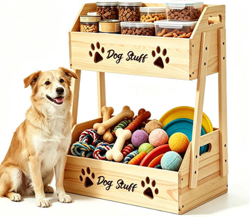 2 Tier Large Dog Toy Storage Bin Wood Toy Basket Box with Handle