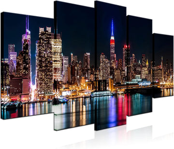 Large 5 Piece New York City Canvas Wall Art Manhattan Skyline at Night Picture Prints Modern Home Office Wall