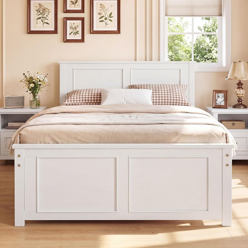Wood Twin Bed Frames with Headboard, Farmhouse Solid Platform Bed w/Wooden Slat Support Mattress Foundation