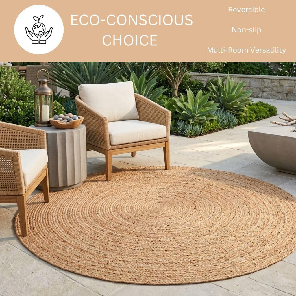 Handcrafted Jute Braided Rug Round - 100% Natural Jute Area Rug - Rustic Farmhouse Boho Accent Rug for
