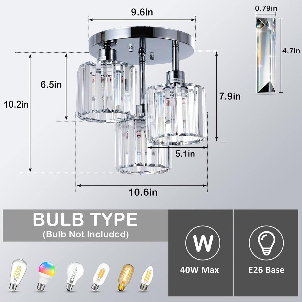 Semi Flush Mount Ceiling Light,3-Light Modern Close to Ceiling Light Fixtures,Kitchen Light with Clear Crystal