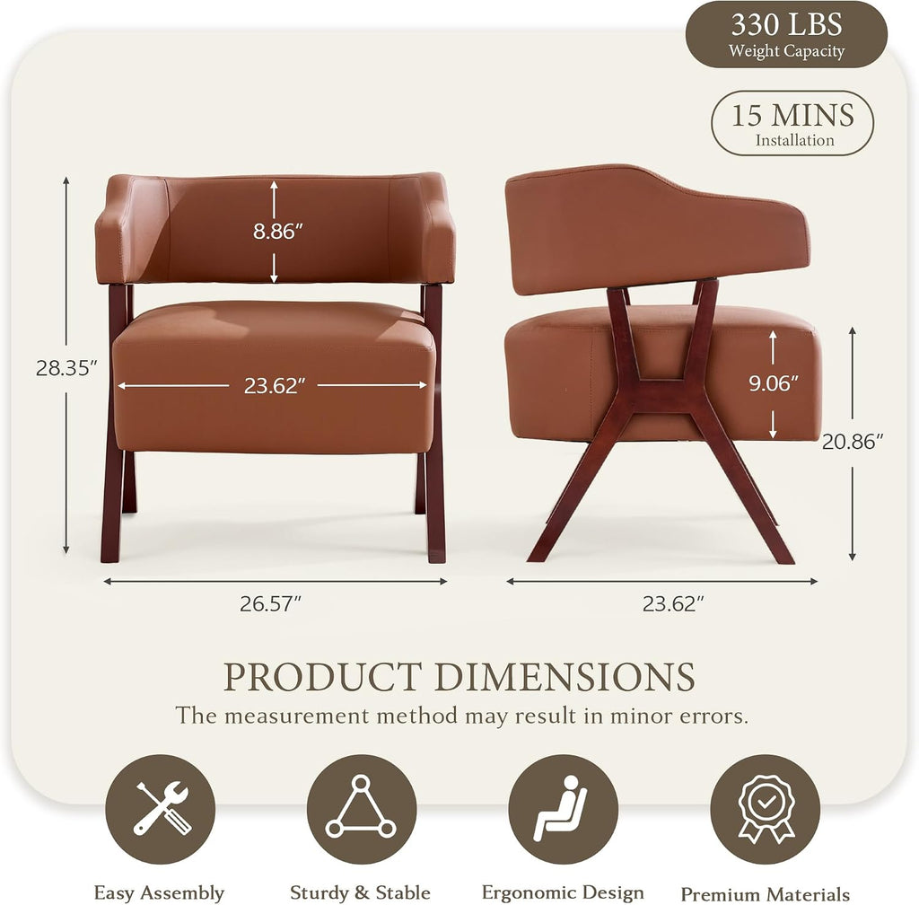 Faux Leather Barrel Accent Chair with Solid Wood Frame (Brown,2) - Set of 2