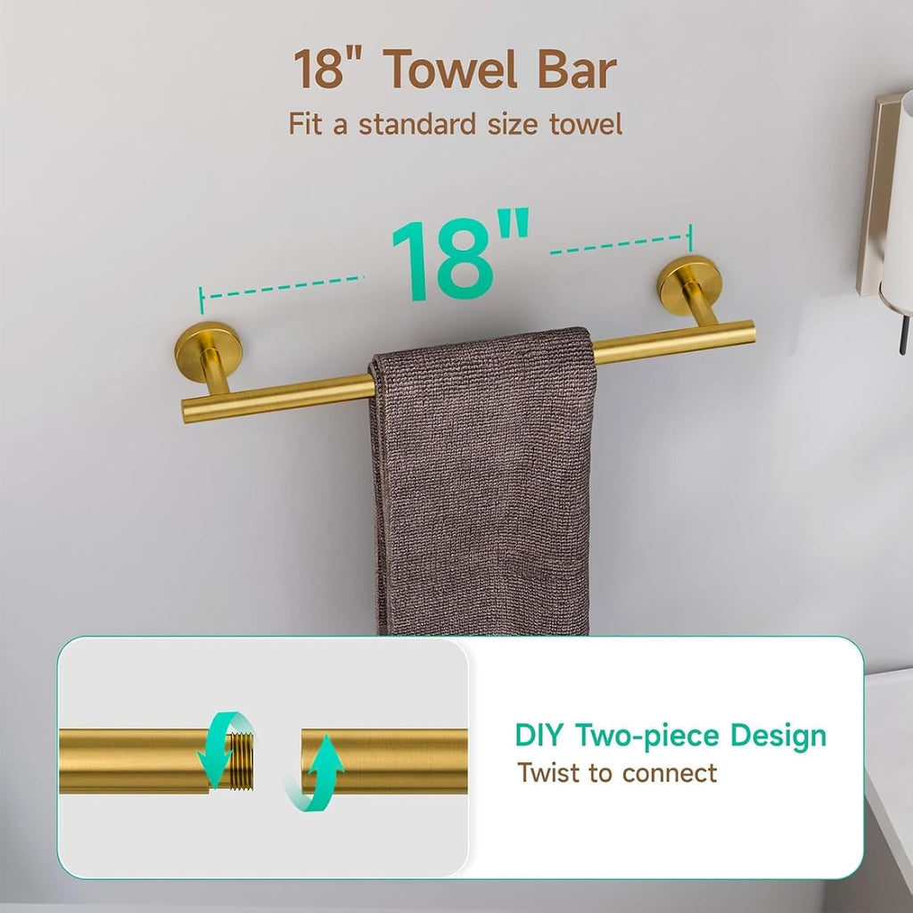 4PCS Brass Gold Bathroom Accessories Set, 18-Inch Towel Bar Set | Durable SUS304 Stainless Steel Bathroom Hardware