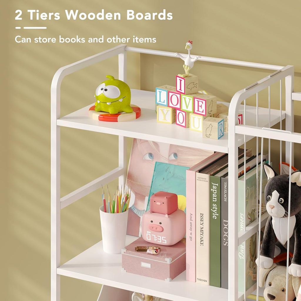 Kids Bookshelf and Toy Storage Organizer, Stuffed Animal Storage Holder with Fabric Toy Chest, 2-Tier Toddler Book