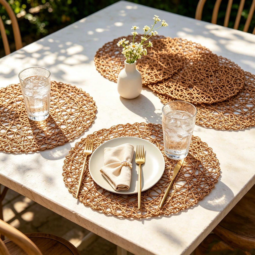 Brown Round Placemats for Dining Table, 15 Inch Paper Woven Boho Decorative Circle Place Mat for Wedding - Set of 6
