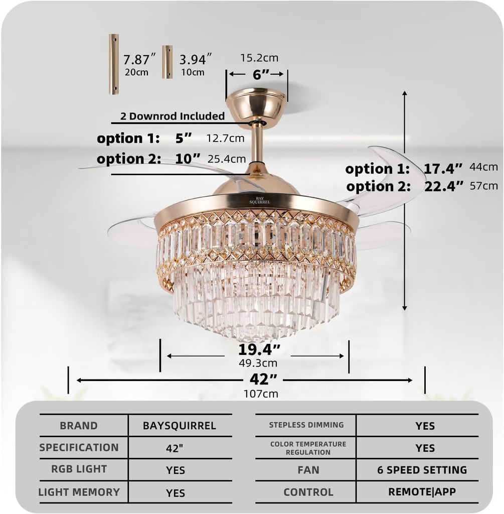 Retractable Crystal Ceiling Fan with Lights and Remote/APP Control, Bluetooth Ceiling Fan with Speaker, 6-Speed