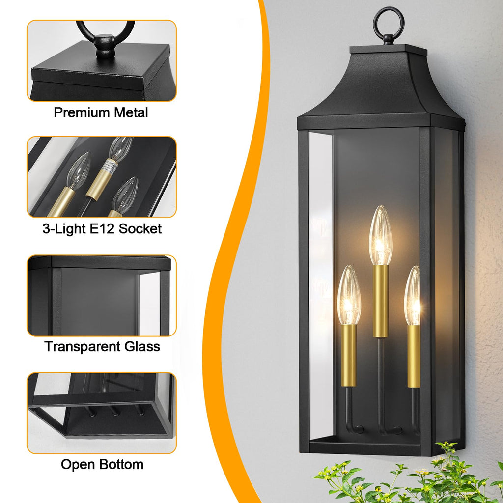 24" Extra Large Outdoor Wall Lights 2-Pack, Black Outside Wall Sconce