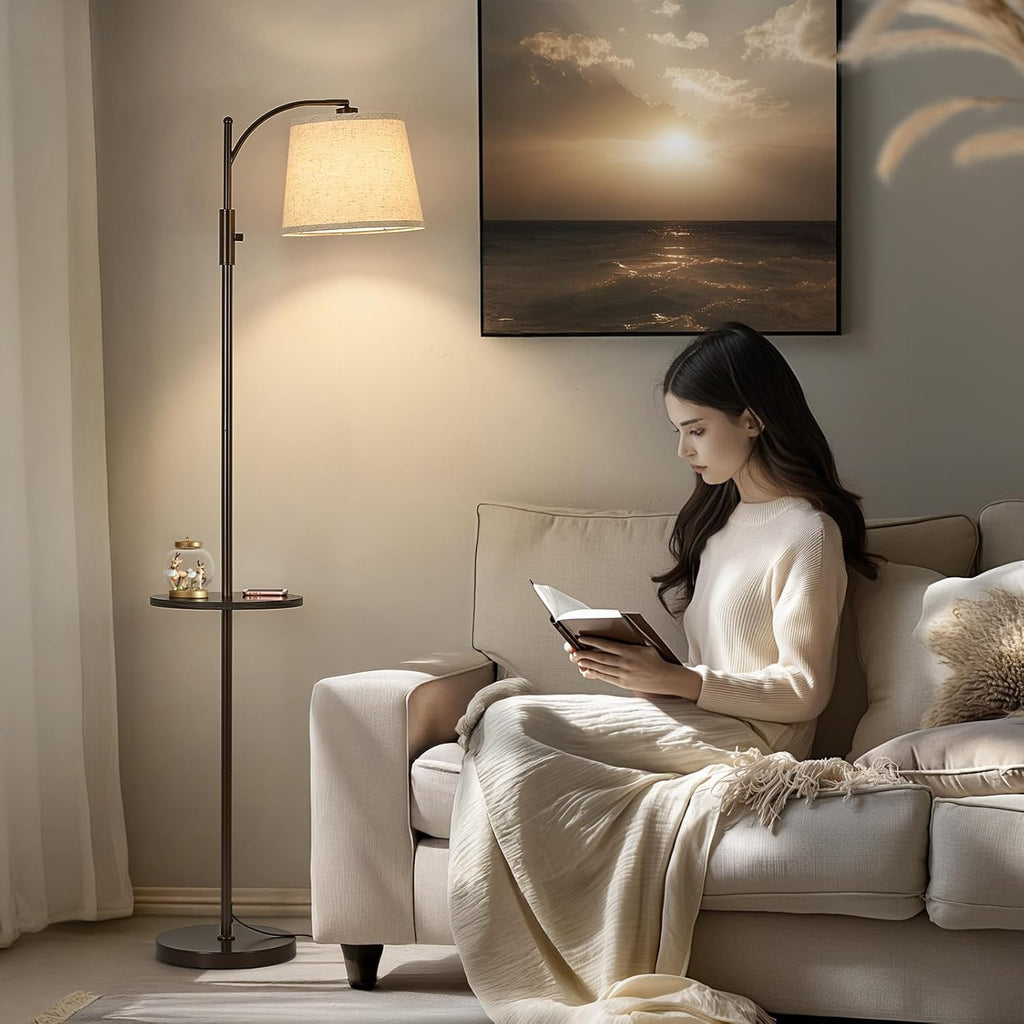 Dimmable Floor Lamp，Standing Lamp Rotary Switch with Table&Linen Beige Shade，Brown Tall Lamps with Adjust Head，9W LED