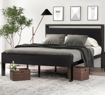 14 Inch Full Metal Platform Bed Frame with Wooden Headboard and Footboard, Mattress Foundation, No Box Spring Needed