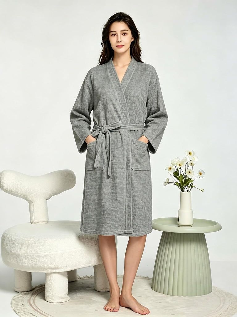 Waffle Robes for Women Knit Cotton Soft Spa Bathrobe | Lightweight Loungewear, Knee Length with Pockets, V Neck