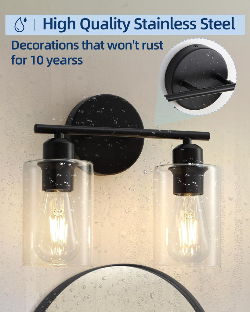 2-Light Bathroom Light Fixtures, Matte Black Bathroom Vanity Lights, Bathroom Lighting Fixtures Over Mirror with