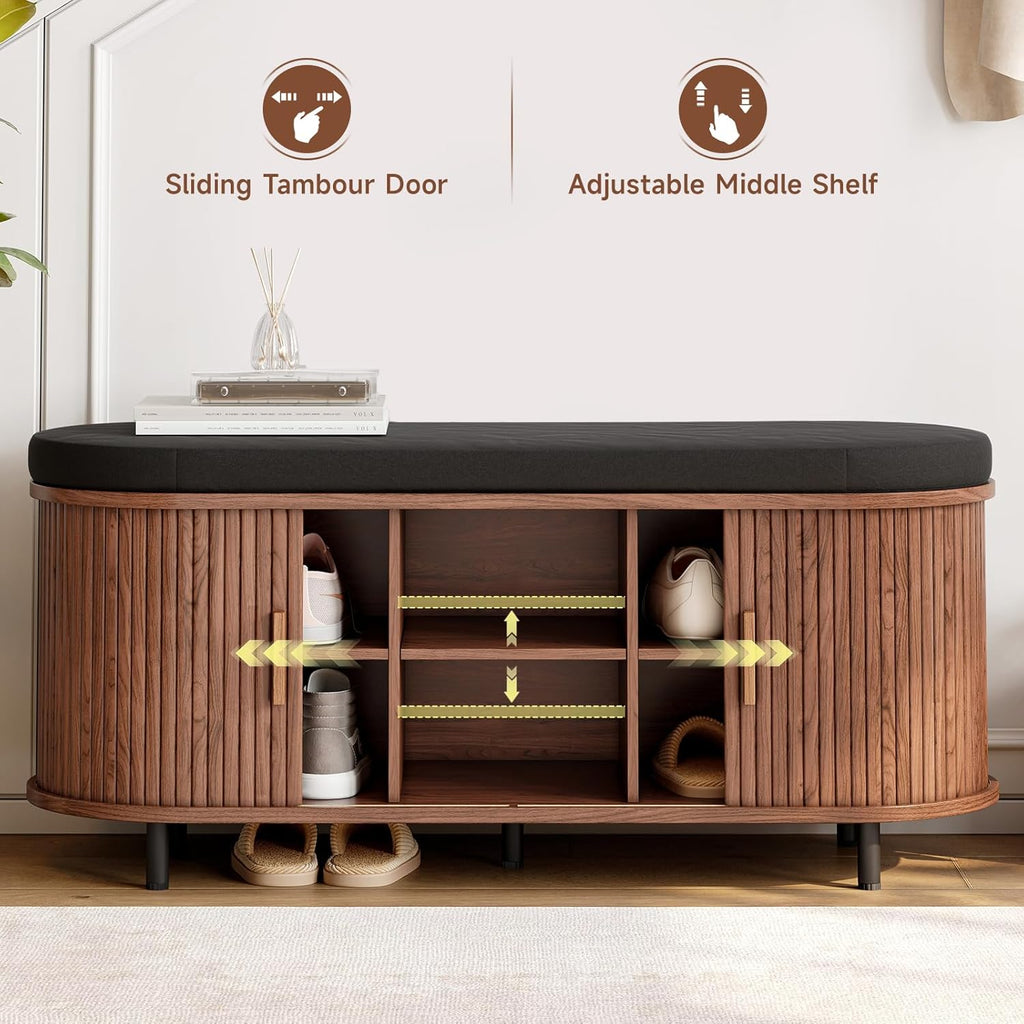 43" Shoe Bench with Storage, Fluted Shoe Storage Bench with Cushion, Sliding Door and Adjustable Shelf, , Walnut