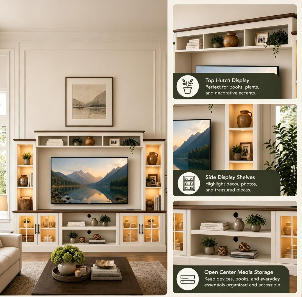 Farmhouse TV Stand 98" Entertainment Wall Unit with Barn Doors, Built-in Power Outlets, Open Bookshelves & Storage