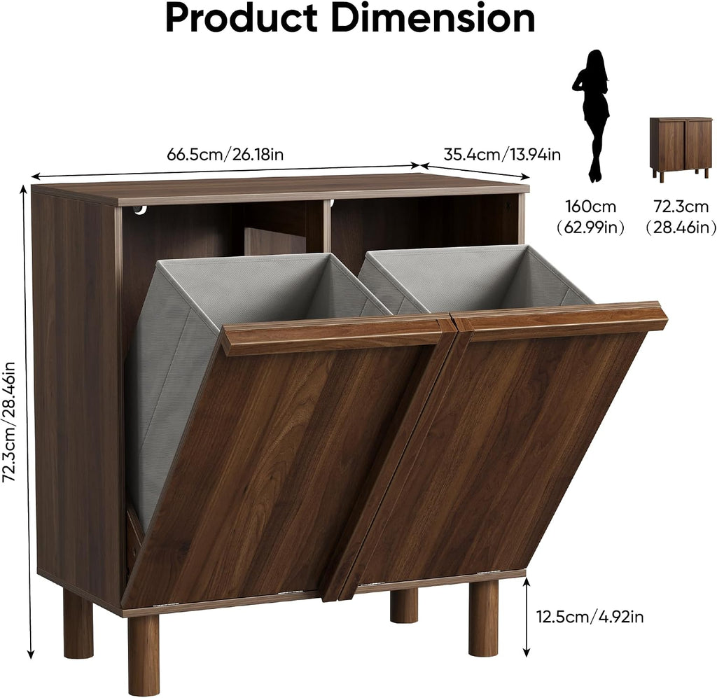 Double Laundry Hamper Cabinet, 26.2" Small Wooden Dirty Clothes Basket with Handles, Narrow Tilt-Out Laundry Sorter